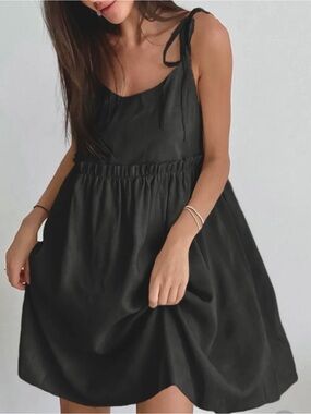 ♥️Hello Gorgeous!  COTTON Tie-Shoulder Frill Mini Sleeveless  Sundress - Black